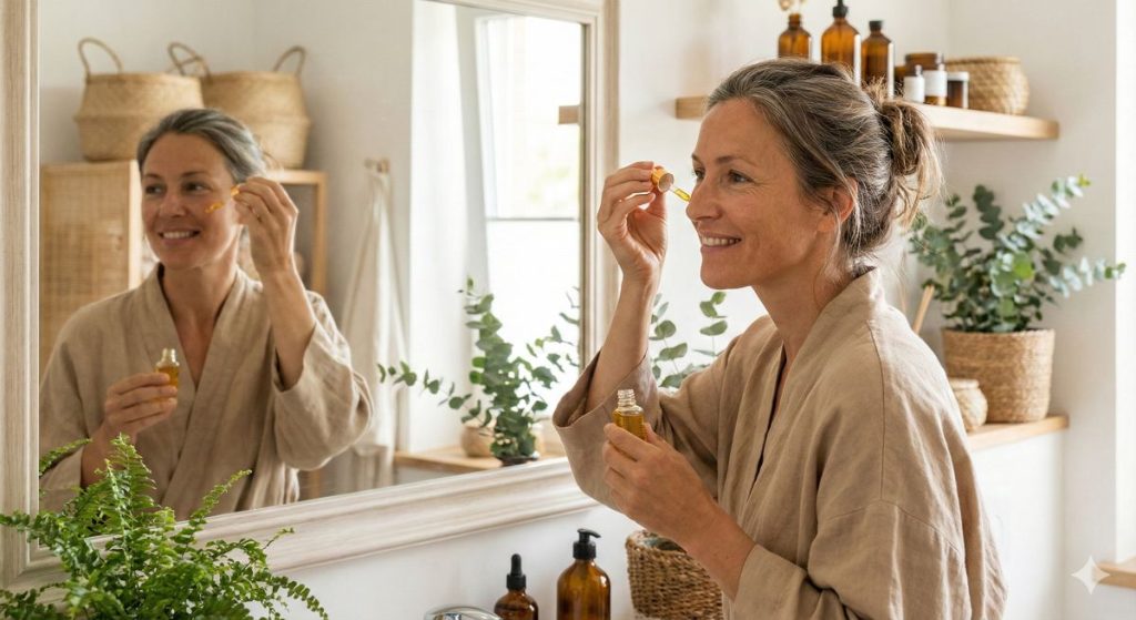 Kann man Retinol durch Bakuchiol ersetzen? Frau mit Bakuchiol Serum vorm spiegel