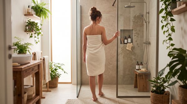 Intimwaschlotion ohne Parfum: Junge Frau betritt eine Dusche