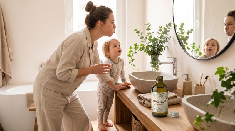 Mundspülung ohne Alkohol: Mutter mit Kind im Bad