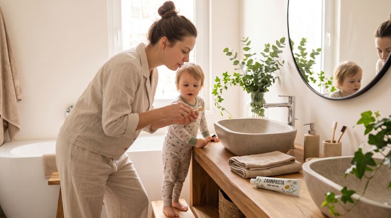 Zahnpasta ohne Menthol: Mutter mit Kind im Badezimmer